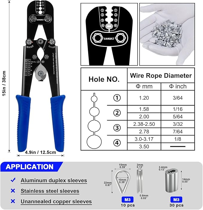 Sanuke Wire Rope Crimping Tool Kit with 33ft 1/8" Stainless Steel Cable 7x7 Strand Core for Aluminum Oval Sleeves, Double Sleeves, Crimping Loop Sleeves from 3/64-inch to 1/8-inch