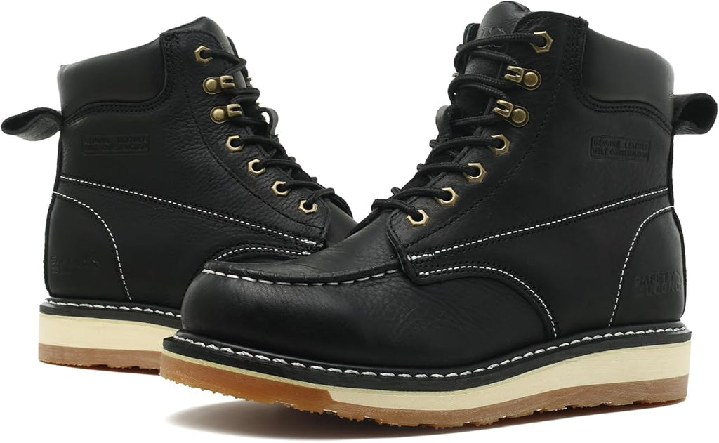Moc Toe Work Boots for Men Waterproof Soft/Steel Toe Comfortable Full Grain Leather Non Slip Wedge Outsole Construction 6" Workboots