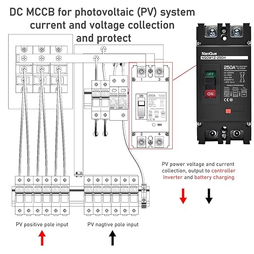NanQue DC Solar Panel Circuit Breaker PV System Disconnect Switch and Protector 60-250 Amp 36-600 Voltage Automatic Cut Off Circuit 2 Poles Non-Polarized 25kA Recycle Use Fuse Siver Contactor (250A)