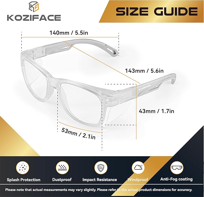 KOZIFACE E52 Anti-Fog Safety Glasses, ANSI Z87.1 Eye Protection with Side Shields, Clear Lens, Lightweight for Work, Lab DIY