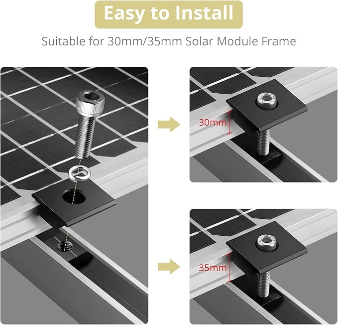 Anbte 10pcs Solar Panels Centre Clamps, Aluminium T-Shaped Mid Clamps 30mm/35mm Solar Panel Mounting Brackets Solar Mounting Rail Connector for Metal Roof, Tin Roof, Flat Roof, Sheet Roof, Black