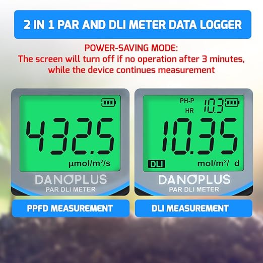 PAR Meter 2 in 1 PAR DLI Meter with Data Logging, Record and Export 5 Years of Data, 400-700nm PPFD Meter Sunlight Meter Measure PPFD and DLI (Daily Light Integral), Light Measurement Tool for Plants