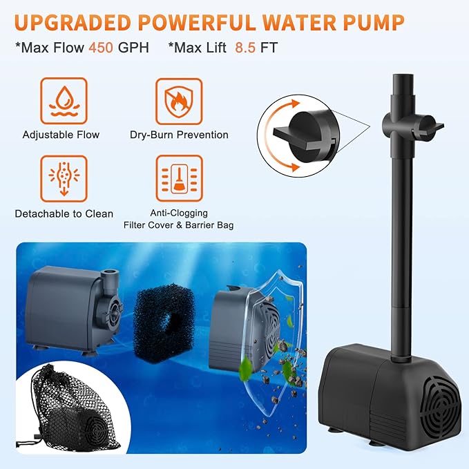 Solar Pond Pump, 25W Solar Fountain Pump with 450GPH Flow & 4 Spray Styles, 16.5Ft Extendable Power Cord, Debris Barrier Bag for Outdoor Fountain, Ponds, Fish Tank, Waterfall, Garden Water Features