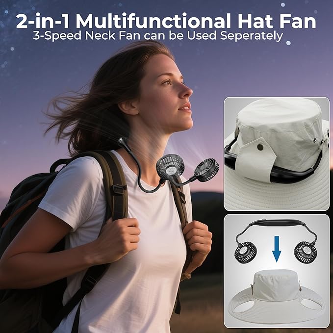 Cooling Sun Hat with Fan Rechargeable, UPF50+ Bucket Hat, 8-16H Neck Fan Hat for Camping Beach Essentials, Gift for Men Women