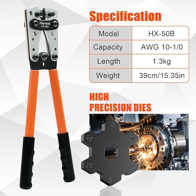 Battery Cable Crimper Tool For AWG 10-1/0 Gauge Electrical Lug with 60PCS Copper Wire Lugs, Battery Terminal Connectors with Cable Cutter, Wire Crimping Tool For Heavy Duty Copper Wire Lugs