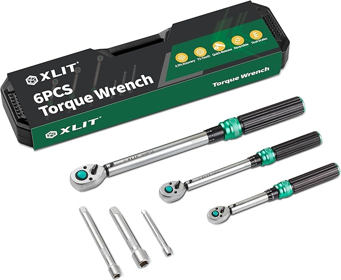 3-Piece Torque Wrench Set - 3 Click Wrenches (1/4", 3/8", 1/2") with 3pc Extension Bars, Pro 72-Tooth Ratchet, ±3% Accuracy, for Automotive, Motorcycle & E-Bike