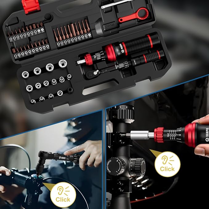 VANPO 49-Pc Torque Screwdriver & Wrench Set | 10-70 in-lb & 1-12Nm Dual Range | S2 Steel Bits & Sockets for MTB Carbon Bikes, Firearm Optics, Scope Mounting & Professional DIY Repairs
