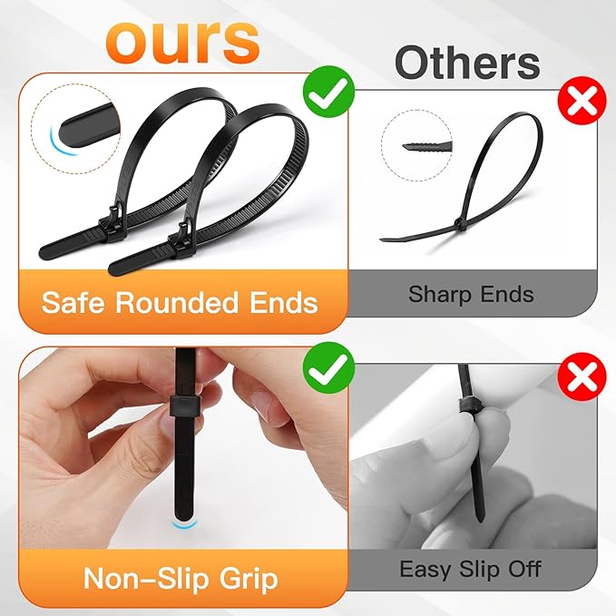 Zip Ties ZLGBVEX 8 Inch Reusable Heavy Duty Zip Ties 0.3 Inch Wide 55LB Tensile Strength 100 Pcs Black UV Resistant Cable Ties for Indoor Outdoor Use