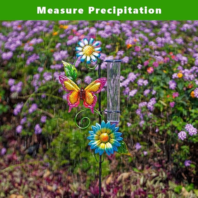 Rain Gauge Outdoor, Butterfly Rain Gauge with Metal Stake, 7 Inch Tube Rainfall Measurement, Decorative Rain Measure Tool for Patio, Lawn, Garden