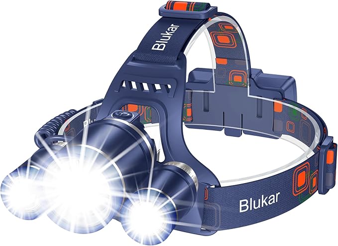 Blukar LED Headlamp, Super Bright Rechargeable Headlight Flashlight - 3 Lights 5 Modes,Zoomable,Spotlight&Floodlight Combination, IPX6 Waterproof, 20+Hrs Runtime for Running,Hiking-Blue