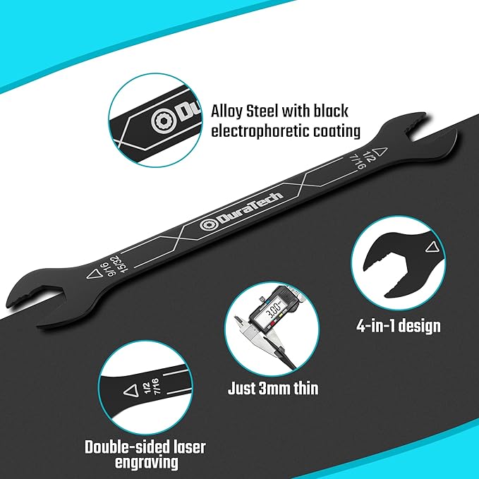 DURATECH 4-in-1 Super-Thin Open End Wrench Set, 3-Piece, 12 Sizes, SAE, Including 1/4", 5/16", 11/32", 3/8", 7/16", 1/2", 15/32", 9/16", 5/8", 11/16", 3/4", 13/16", Ultra-slim, Rolling Pouch Included