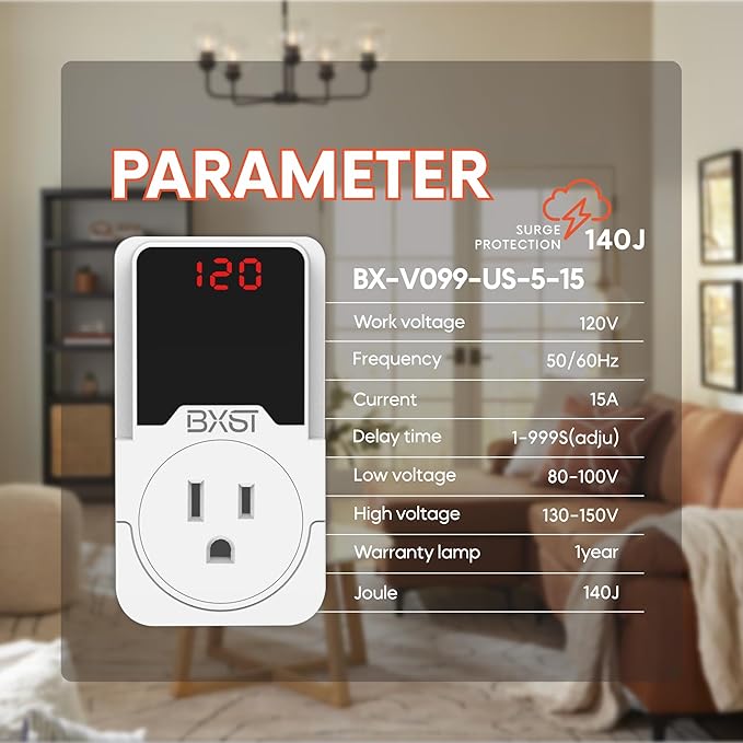 BXST 140J Surge Protector Voltage Protector One Outlet Plug Surge Protector for Refrigerator/Air-Conditioner/Fridge, Home/Office/Travel Portable LED Display Screen, Adjustable,120V, 15A, 1800W