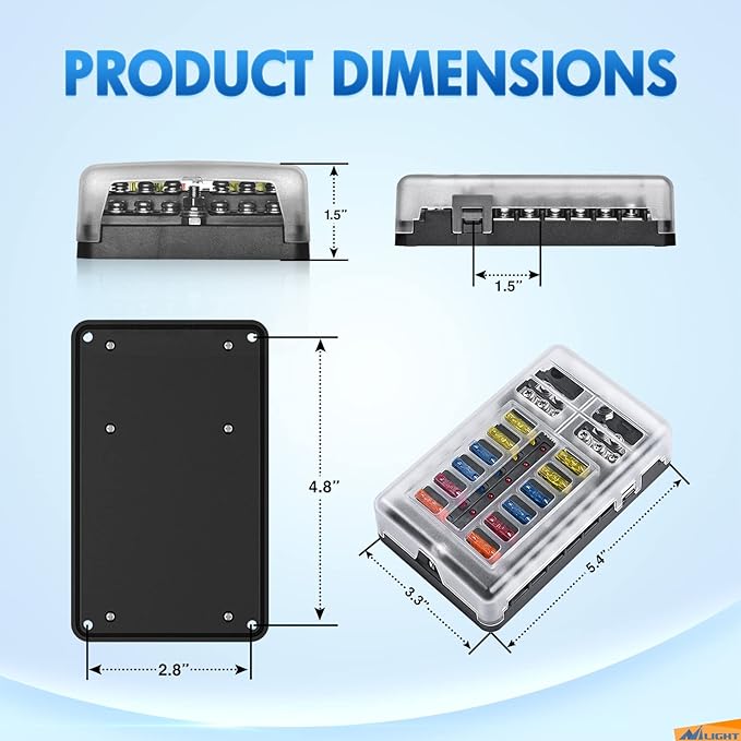Nilight - 50056L 12 Way Blade Fuse Block 12 Circuits with Negative Bus Fuse Box Holder with LED Indicator ATO/ATC Fuse Panel Waterproof Cover for 12V Automotive Cars, Marine Boats, RVs, Trailers