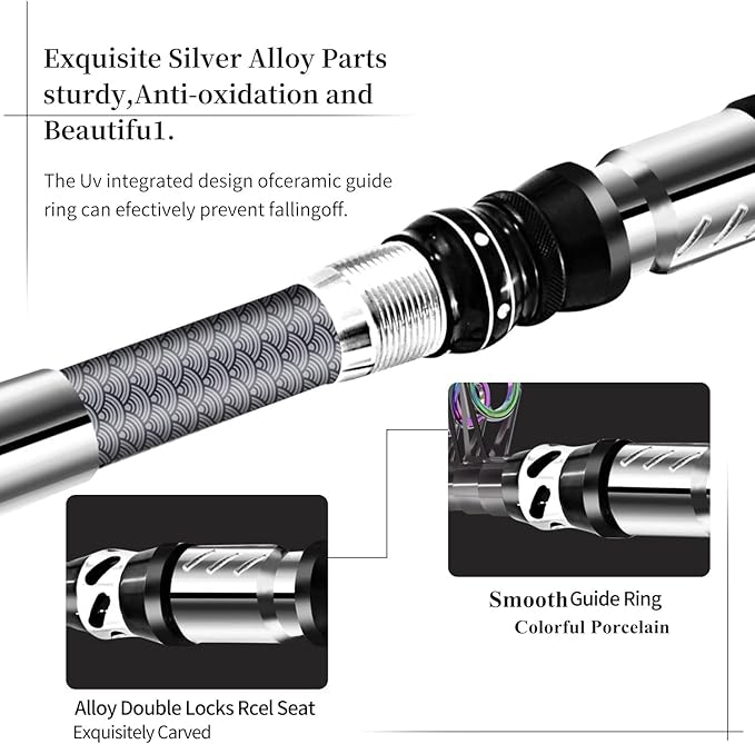 Portable Fishing Spinning Rod and Reel Combo Set Carbon Fiber Fluorescent Rod Tip, with Fishing Lures Line Carrier Bag Kits for Travel Surf Saltwater Freshwater