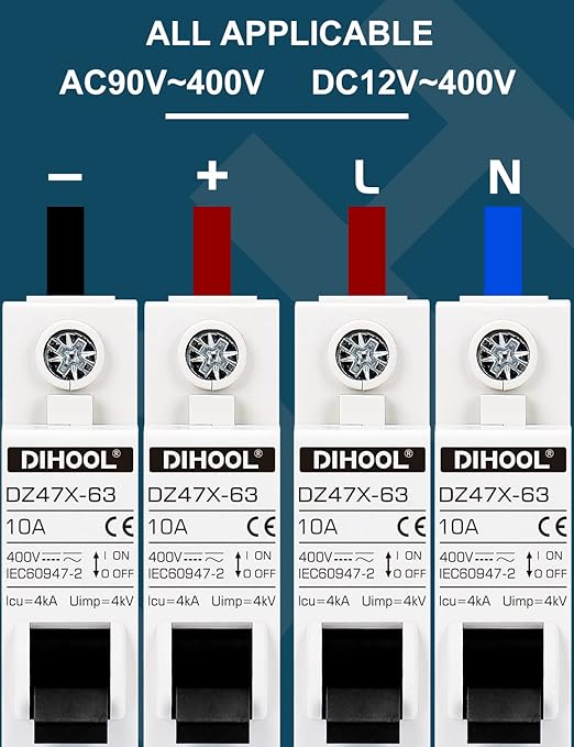DIHOOL AC/DC Miniature Circuit Breakers, 2 Pack, Single Pole 10 Amp, 12V 24V 48V 400V, Non Polarized, Solar Disconnect Switch, DIN Rail Mount, RV Battery Isolator, PV Array MCB, Thermal Magnetic Trip