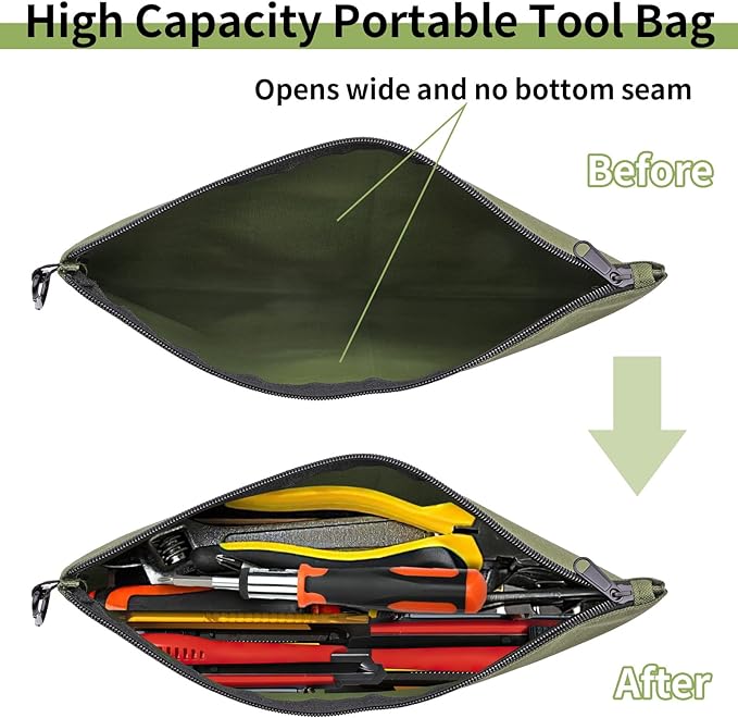 Tool Bag Zipper Pouch, Premium Tool Pouch, Utility Multipurpose Storage Organizer Tool Pouches with Carabiner Metal Zipper for Tools (6 Pack, Tan, Navy Green, Black, Light Brown, Grey, Mocha)