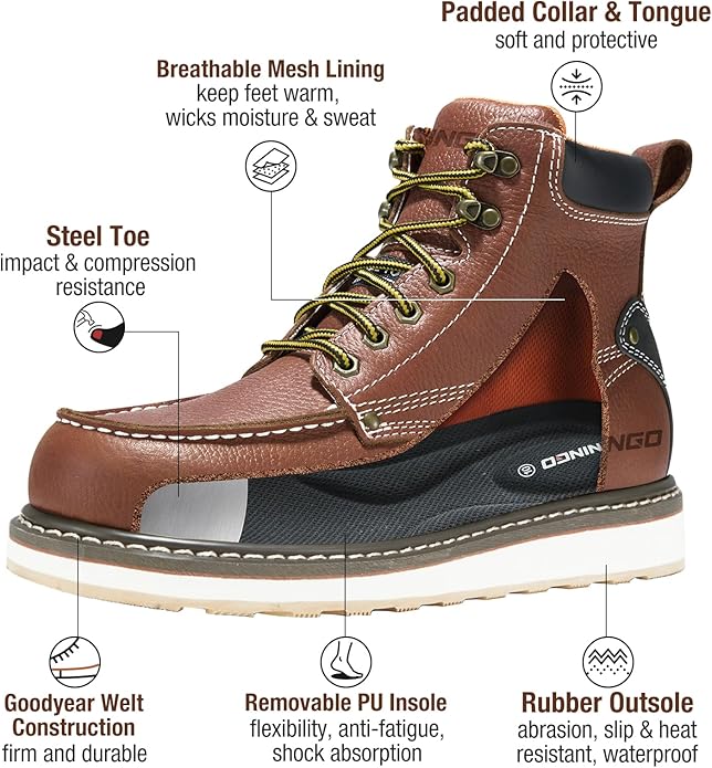 HISEA NINGO Work Boots for Men Steel/Soft Toe Boots,6” Water Resistant Slip Resistant Industrial & Construction Work Shoes, Composite Toe Working Boot