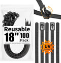 SOOOEC 100 Pack Reusable Zip Ties 18 inch Heavy Duty Outdoor UV Resistant, Releasable Black Zip Ties Heavy Duty Indoor Round Ending No Hurt, Cable Ties Reusable Tie Wraps Non Slip Off