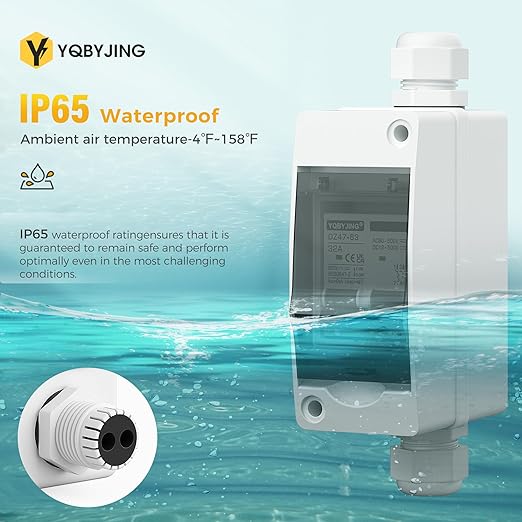 32 Amp DC AC Solar Panel Disconnect Switch Miniature Circuit Breaker Box 500V 2 Poles with IP65 Waterproof UV-Proof Box for Outdoor Solar PV Homes Battery