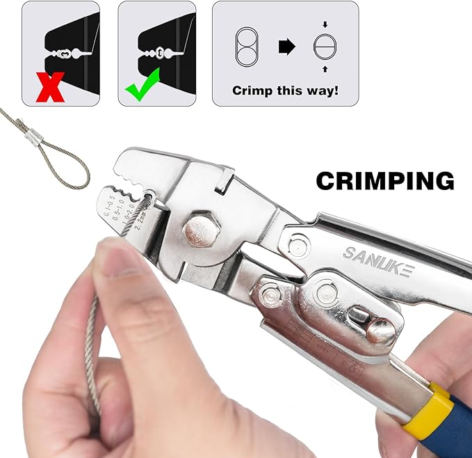 Sanuke Wire Rope Crimping Tool for 3/64 5/64 1/16 Wire Rope with 304 Stainless Steel Cable 3 Sizes 33FT and 150pcs Sleeves Stops, 10pcs Thimble