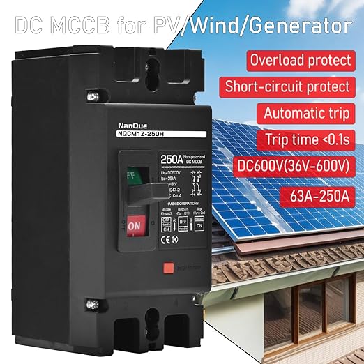 NanQue DC Solar Panel Circuit Breaker PV System Disconnect Switch and Protector 60-250 Amp 36-600 Voltage Automatic Cut Off Circuit 2 Poles Non-Polarized 25kA Recycle Use Fuse Siver Contactor (125A)
