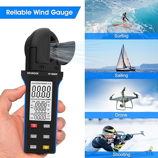 Digital Anemometer Wind Speed Meter, 6-in-1 Wind Gauge for Velocity/Temperature/Relative Humidity, Auto-Off with Data Hold, LCD Backlight, for Shooting, Sailing