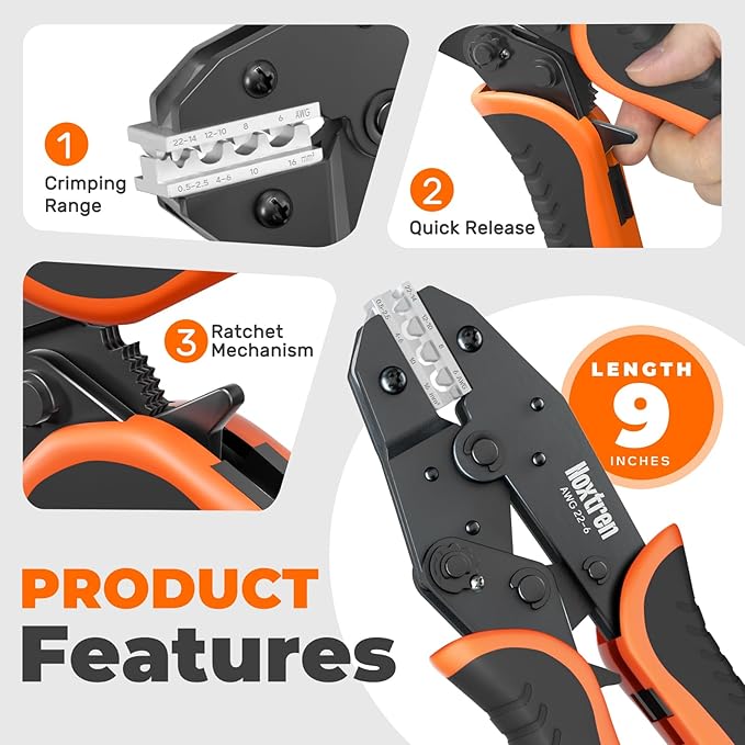Crimping Tool for Non-Insulated Terminal - AWG 22-6 Ratcheting Wire Crimper Tool - Ratchet Wire Terminal Crimping Pliers - Wire Crimping Tool for Uninsulated Connectors