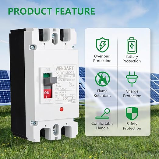 WENGART DC MCCB 500VDC WGM1PV-250,200Amp Solar DC Breaker Disconnect Switch with Arc Chutes&Flame Retardant Shell,2-Pole Protector for PV System,Battery Storage & DIY