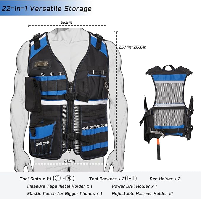 Electrician Tool Vest for Men, Reflective Safety Work Vest with Adjustable Thick Straps, Removable Phone Holder for Electrical, Carpenters, Construction, 22 Pockets.Blue