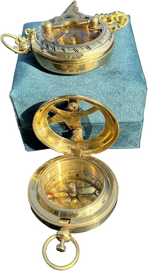 Brass Antique Sundial Compass with Leather Case | Push Button 5 Cm Dia Antique Finish Vantage Compass with Long Chain | Birthday Gift, Baptism Compass