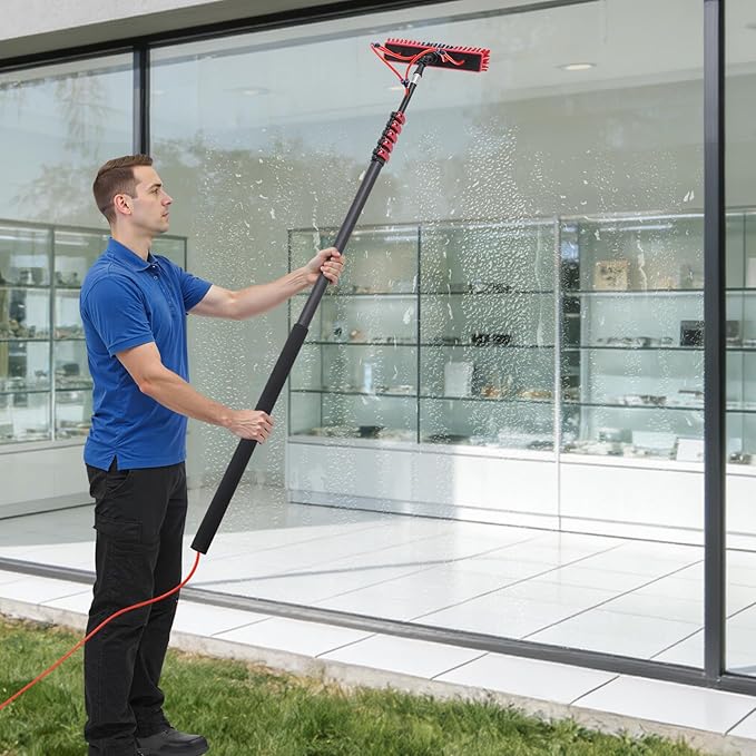 Water Fed Pole Kit, 24ft Length Water Fed Brush, Water Fed Cleaning System, Aluminum Alloy Outdoor Window Cleaner w/27ft Hose, Cleaning and Washing Tool for Window Glass, Solar Panel, Ceiling