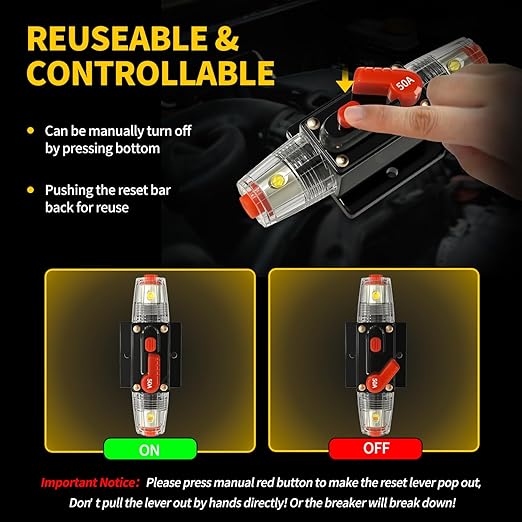 50 Amp Manual Reset Circuit Breaker DC 12-48V Waterproof Inline Fuse Holder, 3-15 AWG Overload Protection for Car Audio Sound Amplifier System RV Marine Boat Truck Solar (Pack of 2)