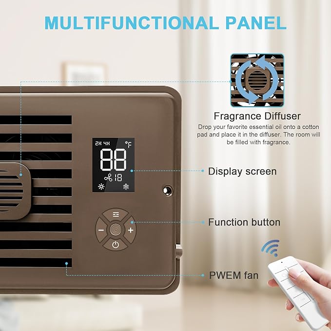 Register Booster Fan for 4" x 10" Vents Only, 10 Speeds to Control Cool and Warm Airflow, Air Conditioning Vents with LED Screen Remote & Thermostat Control, for Room Walls & Floors (Brown)