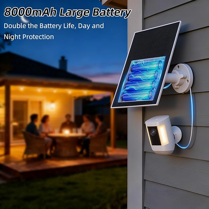 LIYVZ Solar Panel for Ring Camera, 5W Solar Charger with Battery Ring Spotlight Cam & Stick Up Cam, Outdoor Camera with 13FT DC Barrel Plug and USB-C Adapter, White
