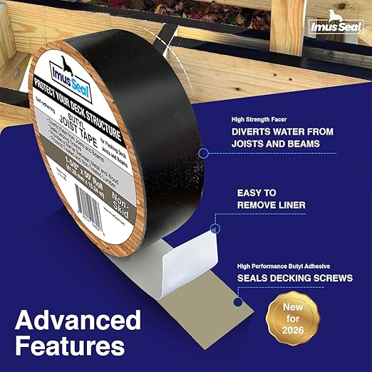 Imus Seal® Butyl Joist Tape for Flashing Deck Joists and Beams, UV Resistant, Level Decking™, Protect Your Deck Structure™, Made in USA (1-5/8” x 50’ 2 Rolls Non-Skid)