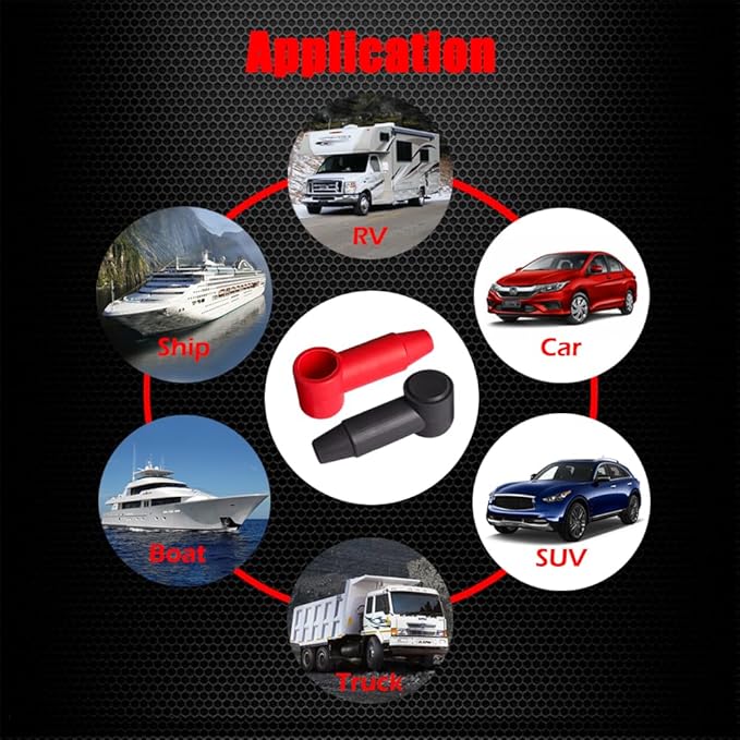 Ampper 12 Pcs Long Silicone 1/4", 5/16" Stud Terminal Covers, Flexible Post Terminal Cover Protector Boot for Battery Power Junction Block Post, Fits 6-1 Gauge Wire (Black)