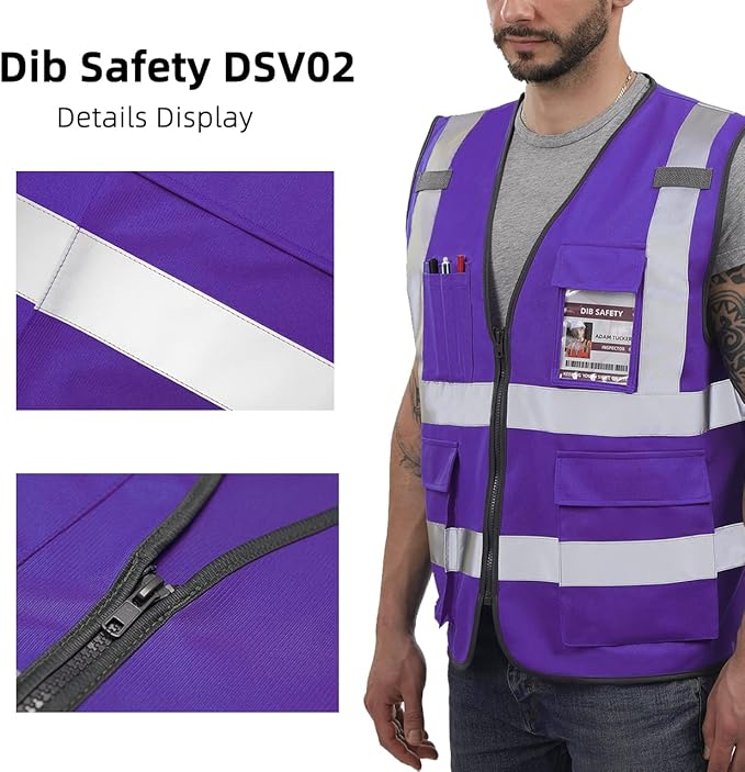 Dib Safety Reflective Vest ANSI Class 2, High Visibility Vest with Pockets and Zipper, Construction Work, Hi Vis