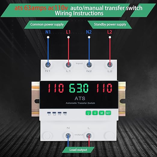 63 amp AC110V Automatic/Manual Transfer Switch with LED Display, 50/60Hz 2P 63A ATS Auto Dual Power Outdoor Changeover Switch for Home Generator, L1 Priority Din Rail Mount Selector Transfer Switches