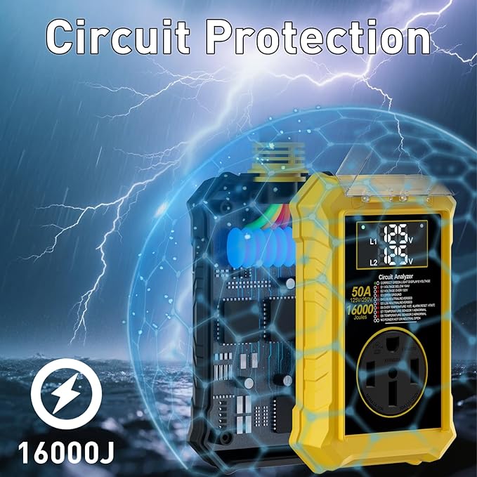 Rv Surge Protectors 50 Amp,16000 Joules Rv Circuit Analyzer with Waterproof Cover Safety Certification Led Display,Rv Voltage Protector for Camper, Travel Trailers (Yellow, 50A)
