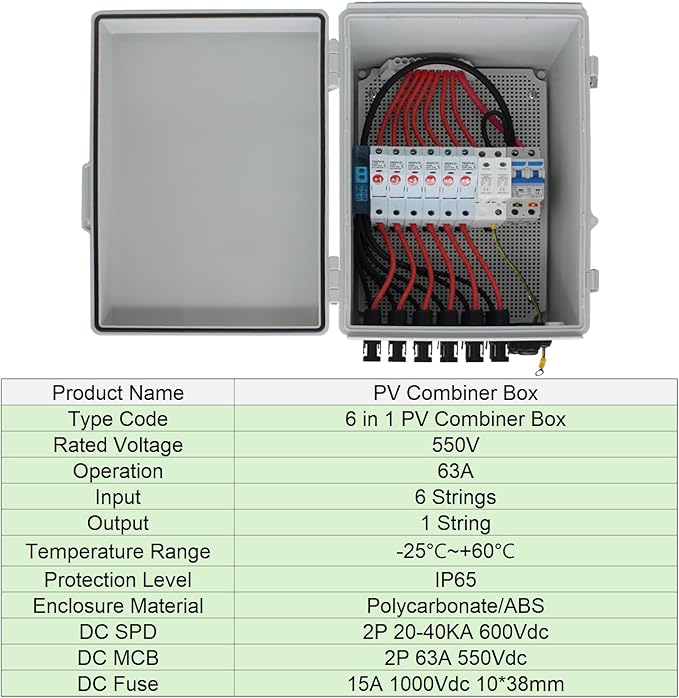 ABS Waterproof PV Combiner Box with 6 String, Solar Panel Combiner Box for On/Off Grid Solar System, includes Circuit Breaker, Lightning Arrester and 15A Rated Current Fuse (Gray, with Lock)