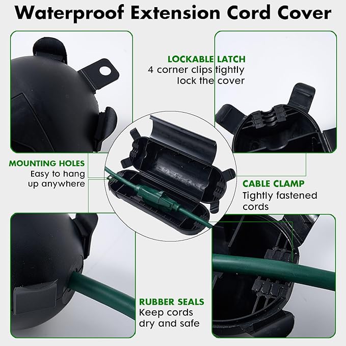 2Pack Outdoor Extension Cord Cover, IP44 Waterproof Extension Cord Protector for Outdoor Connections, Weatherproof Safety Box for Holiday Lights, Garden Tools & Outdoor Appliances, Black