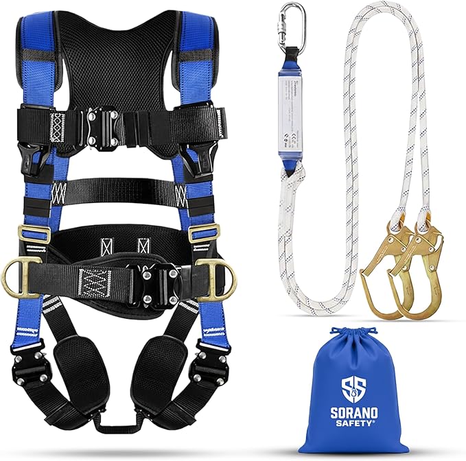 Sorano Safety Harness Fall Protection, Full Body Roofing harnesses with Shock Absorbing Lanyard for Men & Women OSHA/ANSI Compliant, Upgrade 4 Quick Buckles