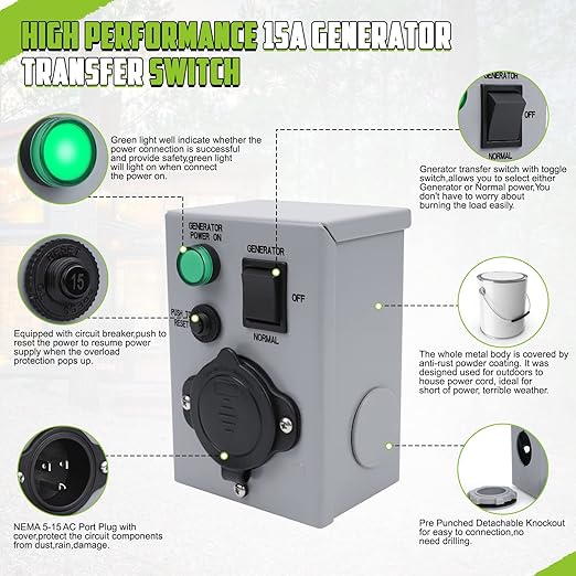 TIPHOPE Manual Generator Transfer Switch with Circuit Breaker,125V 15 Amp NEMA 5-15P Pre Wired Power Transfer Switch Weatherproof Generator Inlet Box for Generator Outdoor Indoor Use-1 Year Waranty