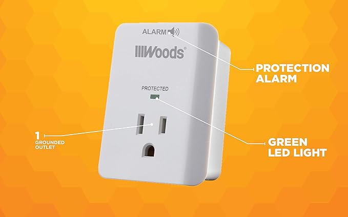 Southwire Woods Surge Protector - 1 Outlet - 1080J Appliance Surge Protection - LED Indicator Light and Alarm - Slim Space Saving Design - White - cULus Listed