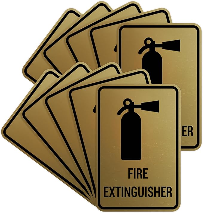 Signs ByLITA Portrait Round Fire Extinguisher Sign with Adhesive Tape, Mounts On Any Flat Surface (Brushed Gold) - Small (10 Pack)