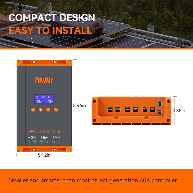 PowMr 60A MPPT Solar Charge Controller, 12V/24V/48V/160V(Max) DC Input, LCD Display Solar Charge Controller for Vented Sealed Gel NiCd Lithium Battery, Support Up to 12 Units Connect in Parallel