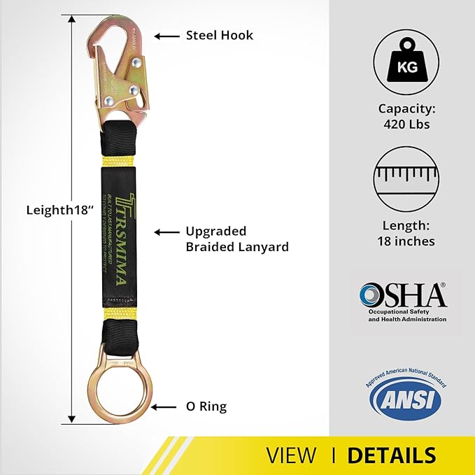 TRSMIMA Safety Harness Extension Lanyard - 18”D-ring Extender Fall Protection Arrest System with Snap Hook Connector Ring ANSI
