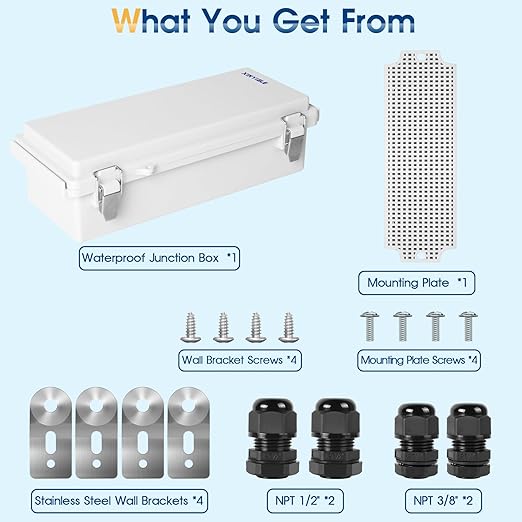 Waterproof Outdoor Project ABS Plastic Junction Box IP67 Weatherproof Dustproof Enclosure with Hinged Cover, Mounting Plate,Wall Brackets for Power Project (10.2"x4.3"x3.0")