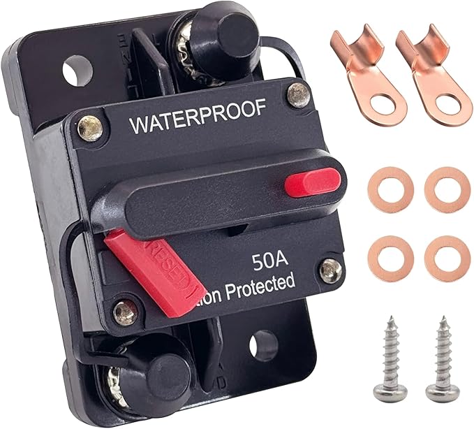 Ampper 50A Circuit Breaker, Surface Mount DC 12V-48V Waterproof Thermal Circuit Breaker Fuse with Manual Reset/On-Off for Boat Trolling Motor Auto Audio Solar and More