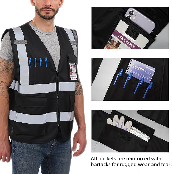 Dib Safety Reflective Vest ANSI Class 2, High Visibility Vest with Pockets and Zipper, Construction Work, Hi Vis